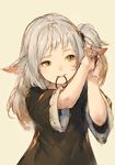  adjusting_hair animal_ears black_dress blush character_request copyright_request dress grey_hair hair_tie head_tilt junwool long_hair mouth_hold nose_blush one_side_up simple_background sketch solo tying_hair yellow_eyes 