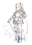 armor armored_boots boots full_body gauntlets greyscale hair_ribbon hand_on_hilt hand_on_hip junwool looking_away monochrome radiata_stories ribbon ridley_timberlake sidelocks sketch skirt solo standing twintails weapon 