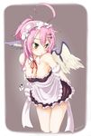  ahoge alternate_costume amagase_lyle apron arm_garter bare_shoulders bird_wings black_dress blush breasts cleavage covered_nipples cropped_legs detached_collar dress enmaided hair_between_eyes highres huge_ahoge leaning_forward long_hair looking_away maid maid_headdress medium_breasts mystia_lorelei pink_hair red_ribbon ribbon short_dress solo standing touhou twitter_username wings yellow_eyes 