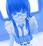  blue broken cellphone commentary crack failure fang getsuyoubi_no_tawawa glasses highres long_hair looking_at_viewer middle_finger monochrome necktie parody parted_lips phone pleated_skirt riri_(no-name_girl) skirt smartphone solo style_parody tawawa_challenge 