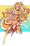  1girl arm_up blonde_hair boots collarbone cure_soleil dark_skin dress earrings floating_hair frilled_dress frills hair_ornament highres jewelry knee_boots layered_dress leg_up long_hair looking_at_viewer mole mole_under_eye necklace orange_dress outstretched_arm precure purple_eyes shimatani_azu sleeveless sleeveless_dress smile solo star star_hair_ornament star_twinkle_precure very_long_hair white_footwear wrist_cuffs 