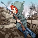  barbed_wire bayonet boots female gun helmet military_uniform original pickelhaube red_hair rifle smoke solo trench uniform verdun_(berudan) world_war_i 