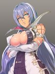  bangs blue_eyes breast_hold breasts bridal_gauntlets cleavage_cutout covered_nipples crossed_arms dress eyebrows eyebrows_visible_through_hair grey_background hair_between_eyes hand_on_own_arm highres isabelle_(shadowverse) large_breasts long_hair looking_at_viewer looking_down multicolored_hair nandz parted_lips purple_hair shadowverse shiny shiny_skin solo streaked_hair tan upper_body very_long_hair white_hair 