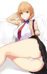  arm_up ass breasts brown_eyes brown_hair hair_ornament hairclip heart heart_hair_ornament highres large_breasts lifted_by_self narusawa_ryouka necktie occultic;nine panties plaid short_hair skirt skirt_lift solo thighs underwear white_legwear white_panties wujia_xiaozi 