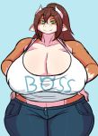  big_breasts bovid bovine breasts cattle clothing female huge_breasts jeans jwinkz mammal pants shirt solo 