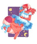  2016 anthro breasts clothing cute dress eyes_closed female fluffy fluffy_tail fur hair malachyte mammal marker_(artwork) moon night orange_fur pillow pink_nose purple_background red_fur red_hair red_panda ribbons ringed_tail simple_background sleeping solo spixy star traditional_media_(artwork) 