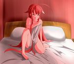  &gt;:) absurdres ahoge barefoot bed collarbone commentary_request covering covering_breasts covering_crotch hair_flaps hairband highres kantai_collection kawakaze_(kantai_collection) kawanami_eito long_hair nude nude_cover pillow red_hair remodel_(kantai_collection) smile solo topless twintails v-shaped_eyebrows very_long_hair yellow_eyes 