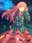  aqua_shirt blue_fire bow bowtie bubble_skirt buttons cowboy_shot face_cutout fire hair_between_eyes hair_over_eyes hand_on_ear hata_no_kokoro highres kobaji long_hair long_sleeves open_mouth panties panty_peek pantyshot pink_eyes pink_hair pink_skirt plaid plaid_shirt red_bow red_neckwear shirt skirt solo touhou underwear wide_sleeves wing_collar 