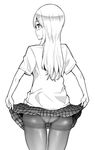  ass blush cowboy_shot from_behind gensokigou greyscale lifted_by_self long_hair looking_back monochrome original panties panties_under_pantyhose pantyhose parted_lips plaid plaid_skirt profile school_uniform shirt short_sleeves simple_background skirt skirt_lift solo thigh_gap thighband_pantyhose underwear white_background 