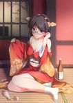  cleavage kantai_collection kimono kirishima_(kancolle) maimu_(gol-em-1226) megane open_shirt sake 
