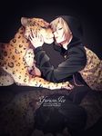  1boy animal animal_print black_background blonde_hair blue_eyes copyright_name half-closed_eyes hoodie jiro_(apollo) leopard leopard_print looking_at_viewer male_focus parted_lips reflection smile solo web_address yuri!!!_on_ice yuri_plisetsky 