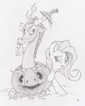  antlers beard dfectivedvice discord_(mlp) draconequus duo equine eyebrows eyelashes facial_hair female feral fluttershy_(mlp) food friendship_is_magic fruit greyscale hair hooves horn male mammal monochrome my_little_pony pumpkin simple_background white_background 