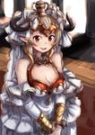  aliza_(granblue_fantasy) breasts bridal_veil cleavage cleavage_cutout detached_sleeves draph dress gen_(gen_7254) granblue_fantasy hair_pulled_back horns large_breasts long_hair looking_at_viewer pointy_ears red_eyes silver_hair smile solo veil wedding_dress 