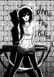  1girl black_hair brick_wall creepypasta female gun hoodie jane_the_killer leggings monochrome shorts solo 