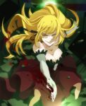  bakemonogatari bare_shoulders blonde_hair blood breasts cleavage dress elbow_gloves gloves hanako-0001 kiss-shot_acerola-orion_heart-under-blade large_breasts long_hair monogatari_(series) oshino_shinobu pointy_ears solo strapless strapless_dress very_long_hair yellow_eyes 