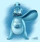  2016 anthro anthrofied apron big_breasts blue_background blue_eyes blue_skin breasts cleavage clothed clothing english_text female hands_behind_back huge_breasts latiar nintendo pok&eacute;mon pok&eacute;morph quagsire simple_background smile solo text video_games voluptuous watermark wide_hips 