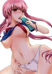  breasts fingers gasai_yuno legs mirai_nikki navel open_mouth panties phone pink_eyes pink_hair saliva shirt solo underwear wet wet_clothes wet_panties white_background wristband 