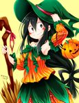  :&gt; armpits asui_tsuyu bare_shoulders black_hair blush_stickers boku_no_hero_academia bow breasts broom chikuwa_savi closed_mouth cowboy_shot detached_sleeves frilled_sleeves frills green_bow green_eyes green_hat hair_between_eyes hair_rings halloween halloween_costume hand_on_headwear hand_up hat holding holding_broom jack-o'-lantern lantern long_hair looking_at_viewer low-tied_long_hair pink_ribbon ribbon signature skirt small_breasts solo strapless striped vertical_stripes witch_hat 