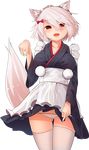  alternate_costume animal_ears apron ass_visible_through_thighs bow breasts collarbone commentary_request cowboy_shot enmaided hair_bow hira_(nanika_no_heya) inubashiri_momiji japanese_clothes kimono kimono_skirt large_breasts looking_at_viewer lowleg lowleg_panties maid maid_headdress open_mouth panties pantyshot pantyshot_(standing) pom_pom_(clothes) red_bow red_eyes short_hair solo standing tail thigh_gap thighhighs touhou transparent_background underwear waist_apron white_hair white_legwear white_panties wolf_ears wolf_girl wolf_tail 