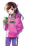  acronym animal_print bangs bodysuit brown_eyes brown_hair bunny_print can cowboy_shot d.va_(overwatch) facepaint facial_mark hand_in_pocket hand_up headphones hetchi highres holding holding_can hood hood_down hooded_sweater hoodie long_hair looking_at_viewer mountain_dew one_eye_closed open_mouth overwatch pilot_suit product_placement ribbed_bodysuit simple_background solo sweater teeth whisker_markings white_background 