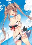  bikini blush breast_hold breasts brown_eyes brown_hair cloud day eyebrows eyebrows_visible_through_hair kantai_collection long_hair looking_at_viewer medium_breasts murasame_(kantai_collection) navel one_eye_closed open_mouth oruto_(ort+) sky solo standing strap_slip swimsuit tan tanline twintails water 