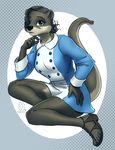  5_fingers 5_toes anthro black_hair black_nose breasts brown_fur cleavage clothed clothing female fur green_eyes hair looking_at_viewer mammal mustelid mykegreywolf otter pattern_background simple_background solo toes wide_hips 