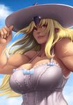  blonde_hair blue_sky breasts cloud commentary dark_skin day dress hat horn huge_breasts lips long_hair monster_musume_no_iru_nichijou muscle muscular_female no_bra nose oni red_eyes sky solo sun_hat tionishia whistle_frog white_dress 