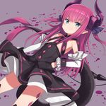  bare_shoulders black_dress blue_eyes blush commentary_request curled_horns detached_sleeves dragon_tail dress elizabeth_bathory_(fate) elizabeth_bathory_(fate)_(all) fate/extra fate/extra_ccc fate_(series) flat_chest gamuo hair_ribbon hand_on_hip holding holding_weapon horns lance long_hair pink_hair pointy_ears polearm ribbon smile solo tail weapon 