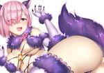 animal_ears ass blush breasts breasts_apart dangerous_beast elbow_gloves eyes_visible_through_hair fang fate/grand_order fate_(series) fur-trimmed_gloves fur-trimmed_legwear fur_trim gloves hair_over_one_eye halloween_costume lace lace-trimmed_thighhighs large_breasts looking_at_viewer lying mash_kyrielight navel on_side open_mouth p!nta purple_eyes purple_hair revealing_clothes ribbon short_hair simple_background skindentation solo thighhighs white_background 