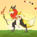  2013 alternate_design alternate_form ambiguous_gender anthro biped canine cheek_tuft claws delphox ear_tuft fire fluffy fluffy_tail fox fur grass mammal nintendo plagueofgripes pok&eacute;mon red_eyes semi-anthro smile solo tuft twig video_games 