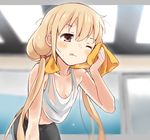  :q bike_shorts blonde_hair breasts brown_eyes collarbone futaba_anzu idolmaster idolmaster_cinderella_girls leaning_forward long_hair low_twintails mirakichi small_breasts solo sweat tank_top tongue tongue_out towel twintails 