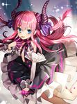  black_dress blue_eyes blush claws commentary_request curled_horns dress elizabeth_bathory_(fate) elizabeth_bathory_(fate)_(all) fate/extra fate/extra_ccc fate_(series) gambe hair_ribbon hat highres horns long_hair looking_at_viewer open_mouth pink_hair pointy_ears ribbon smile solo 