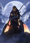  alternate_costume ana_(overwatch) cloud cloudy_sky fog full_body full_moon ghoul_ana glowing glowing_eyes glowing_mouth gun halloween halloween_costume holding holding_gun holding_weapon hood jacky5493 mask moon night outdoors overwatch rifle sitting sky sniper_rifle solo weapon 