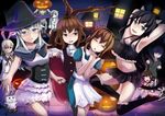  akatsuki_(kantai_collection) alternate_costume animal_ears bat blush cape commentary folded_ponytail fubuki_(kantai_collection) halloween halloween_costume hat hatsuyuki_(kantai_collection) hibiki_(kantai_collection) ikazuchi_(kantai_collection) inazuma_(kantai_collection) jack-o'-lantern kantai_collection lantern long_hair multiple_girls northern_ocean_hime open_mouth pumpkin shimakaze_(kantai_collection) short_hair skeleton_costume tinai traditional_media vampire_costume watercolor_(medium) witch witch_hat wo-class_aircraft_carrier 