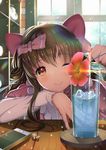  ;) bangs bendy_straw blouse blue_hawaii blurry blurry_background blush bow brown_eyes cellphone cellphone_charm center_frills chin_rest closed_mouth coaster condensation cup drinking_glass drinking_straw eyebrows eyebrows_visible_through_hair flower frilled_sleeves frills hair_between_eyes hair_bow head_tilt highres ice ice_cube indoors lens_flare light_particles long_hair long_sleeves looking_at_viewer one_eye_closed orange_eyes original phone pink_blouse pink_bow pink_shirt shelf shirt short_over_long_sleeves short_sleeves smartphone smile solo sunlight table tareme tropical_drink window xiaosan_ye 