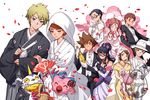  5boys alcohol black_hair blonde_hair blue_eyes blush bottle bouquet brown_eyes brown_hair digimon digimon_adventure digimon_adventure_tri. dress eclosion fan flower formal gabumon glasses gloves hair_flower hair_ornament hood ishida_yamato izumi_koushirou japanese_clothes kido_jou kimono long_hair mochizuki_meiko multiple_boys multiple_girls piyomon short_hair smile suit tachikawa_mimi takaishi_takeru takenouchi_sora uchikake wedding_dress yagami_hikari yagami_taichi 