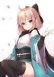  black_legwear fate_(series) grey_eyes half_updo highres japanese_clothes kimono koha-ace looking_at_viewer okita_souji_(fate) okita_souji_(fate)_(all) pilokey pink_hair sash scarf short_hair short_kimono smile solo thighhighs w 