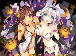  :d animal_ears armband babydoll bat_wings black_choker black_panties blue_eyes blue_nails breasts brown_hair c-string cat_ears choker claw_pose cleavage collarbone commentary covered_nipples crescent_moon extra_ears eyebrows_visible_through_hair garter_belt hair_between_eyes hair_ornament hairclip halloween jack-o'-lantern jack-o'-lantern_hair_ornament lantern large_breasts looking_at_viewer moon multiple_girls nail_polish navel open_mouth original panties pink_scrunchie revision scrunchie signature silver_hair small_breasts smile star underwear wings wrist_scrunchie yanagi_yuu yellow_eyes yellow_nails yellow_scrunchie zoom_layer 