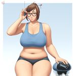  1girl adjusting_glasses bare_shoulders belly blue_eyes breasts brown_eyes brown_hair glasses gradient gradient_background hair_ornament hairpin highres large_breasts lips looking_at_viewer lvl_(sentrythe2310) mei_(overwatch) navel overwatch plump short_hair short_shorts shorts solo thick_thighs thighs white_background 