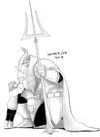  armesan armor asgore_dreemurr beard boss_monster cape caprine clothing crown facial_hair flower goat horn mammal melee_weapon monochrome plant polearm protagonist_(undertale) simple_background size_difference trident undertale video_games weapon 