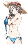  bikini bikini_top_removed blue_bikini blue_eyes blush breasts cameltoe covering covering_breasts cowboy_shot hat highres large_breasts light_brown_hair looking_at_viewer love_live! love_live!_sunshine!! navel ribs rozen5 short_hair side-tie_bikini simple_background smile solo stomach striped sun_hat swimsuit topless underboob vertical-striped_bikini vertical_stripes watanabe_you white_background 