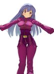  belt blue_hair blush bodysuit breasts chaps commentary_request cropped_jacket gloves kaisen_chuui kula_diamond long_hair looking_at_viewer medium_breasts outstretched_arms red_eyes simple_background smile solo spread_arms the_king_of_fighters thigh_gap white_background zipper 