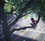  arm_support bad_id bad_pixiv_id brown_hair duel_disk facing_away from_above from_behind in_tree long_sleeves male_focus moribuden pants pavement road scenery solo street sunlight tree yuu-gi-ou yuu-gi-ou_gx yuuki_juudai 