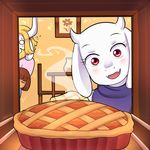  asgore_dreemurr blush boss_monster caprine chair eyes_closed flower food fur goat horn human keterok long_ears mammal oven photo pie plant protagonist_(undertale) red_eyes table toriel undertale vase video_games white_fur 