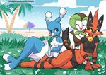  alanscampos anthro blue_eyes breasts clothed clothing day detailed_background eyes_closed female grass green_hair group hair lying midriff navel nintendo orange_eyes outside pok&eacute;mon sky smile video_games wide_hips 