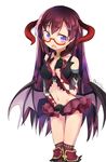  blush commentary_request demon_horns demon_wings embarrassed fake_horns fake_wings glasses gloves hair_ornament hairclip highres horns kyuuri_(miyako) long_hair mary_lane midriff navel open_mouth pop-up_story purple_eyes purple_hair red-framed_eyewear semi-rimless_eyewear solo white_background wings 