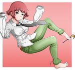  2016 amputee bad_deviantart_id bad_id barefoot black_neckwear breasts closed_mouth double_amputee foot_hold full_body green_eyes green_pants highres katawa_shoujo medium_breasts monteferro necktie paintbrush pants plantar_flexion red_hair shirt signature solo taut_clothes taut_shirt tezuka_rin white_shirt 