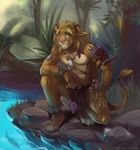  4_toes 5_fingers abs anthro blonde_hair blue_eyes clothed clothing crouching day detailed_background enaya-thewhitewolfen feline forest fur hair jewelry koul lion male mammal necklace outside pink_nose smile tan_fur ticl toes topless tree tribal water 