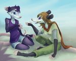  2016 anthro blue_eyes breasts clothed clothing day digital_media_(artwork) duo female fur grass hair mammal marsupial open_mouth opossum outside purple_eyes sky smile tongue zenirix 