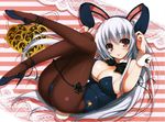  1girl animal_ears bare_shoulders blush bodysuit breasts bunny_ears bunny_tail bunnygirl cleavage erect_nipples female large_breasts long_hair looking_at_viewer lying on_back original pantyhose red_eyes scan silver_hair smile solo tail tomose_shunsaku tongue tongue_out 
